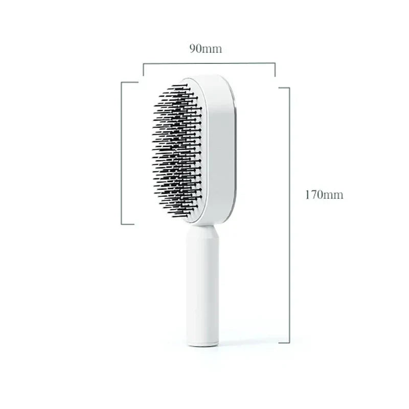 Weiße selbstreinigende Haarbürste mit Abmessungen von 170 mm Höhe und 90 mm Breite – modernes Design mit flexiblen Borsten für schonende Haarpflege und effektives Entwirren ohne Ziepen.