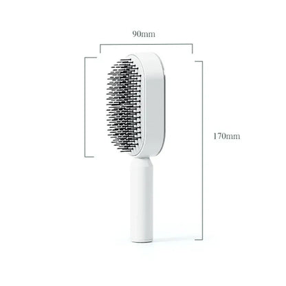 Weiße selbstreinigende Haarbürste mit Abmessungen von 170 mm Höhe und 90 mm Breite – modernes Design mit flexiblen Borsten für schonende Haarpflege und effektives Entwirren ohne Ziepen.