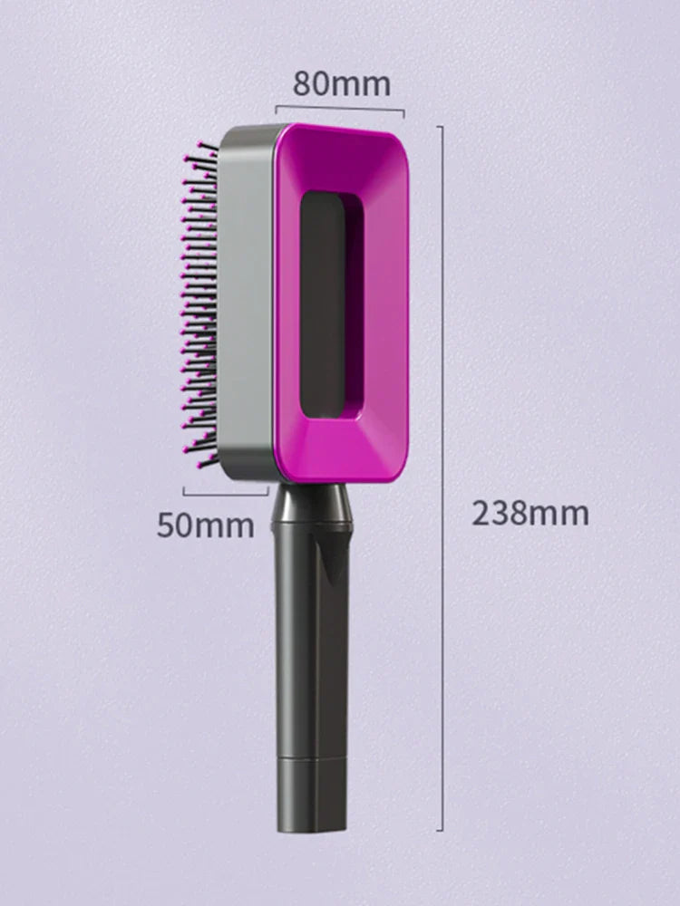 Maßangabe einer selbstreinigenden, manuellen Massage-Haarbürste in Pink und Schwarz – 238 mm hoch, 80 mm breit und 50 mm tief, mit ergonomischem Griff und Borsten für sanftes Entwirren und Kopfhautmassage.